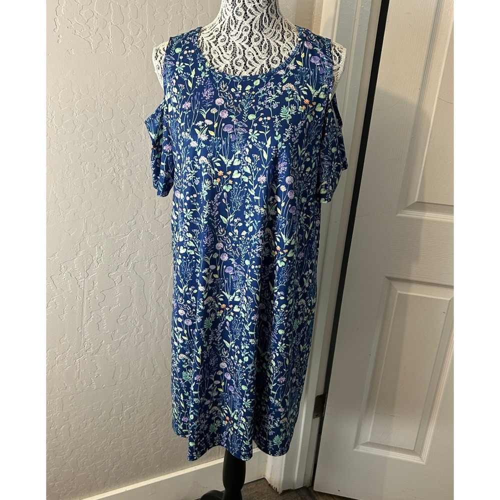 Off Shoulder Sleeve Dress Womens XL Blue Floral Print Short Sleeve Stretch Soft